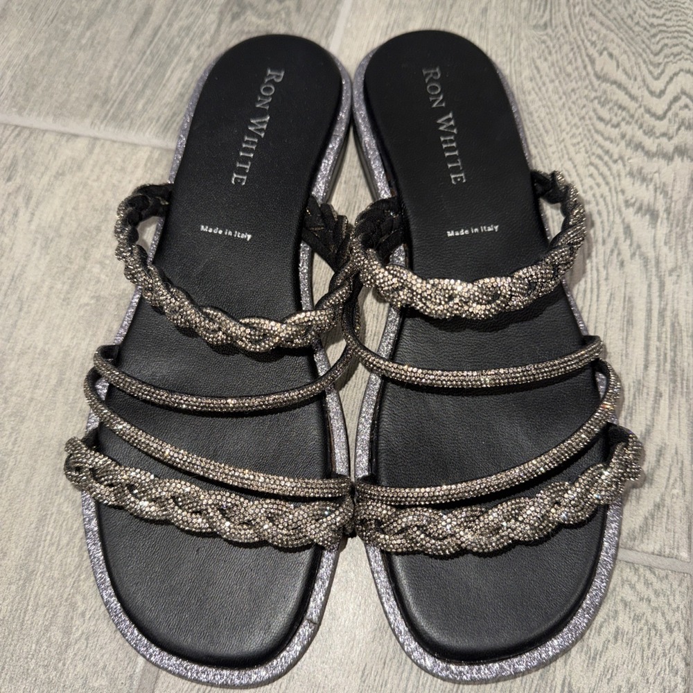 Ron White Vivianna Black Onyx Slide in Nappa with Rhinestone trim Size 9.5M